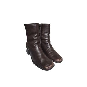 90s Vintage Black Leather Mid-Calf Boots Chunky Heel Size 9.5